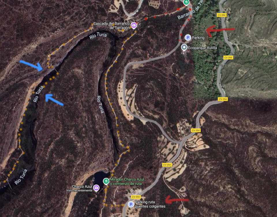 Parkings de la ruta de los puentes colgantes de Chulilla